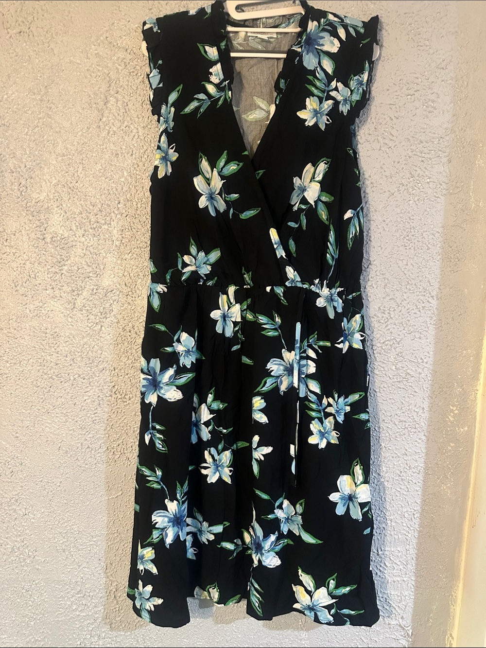 Morgan Taylor Black Floral Wrap Dress with Blue & White Flowers
